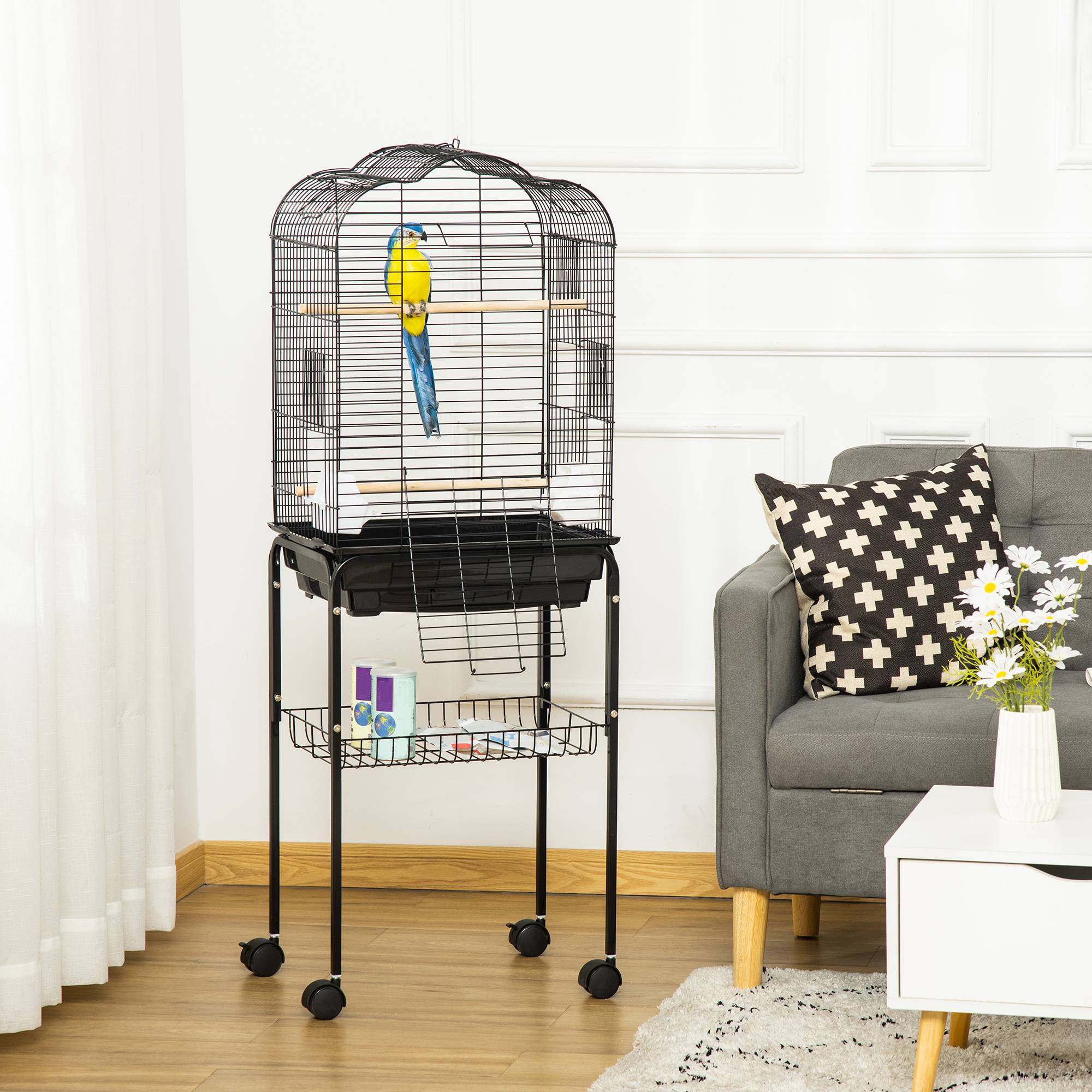 ComfortXL - Cage à oiseaux acier noir 46 x 36 x 130 cm sur support roulant avec perchoir ouvrant - ComfortXL Outdoor Living - Image 3