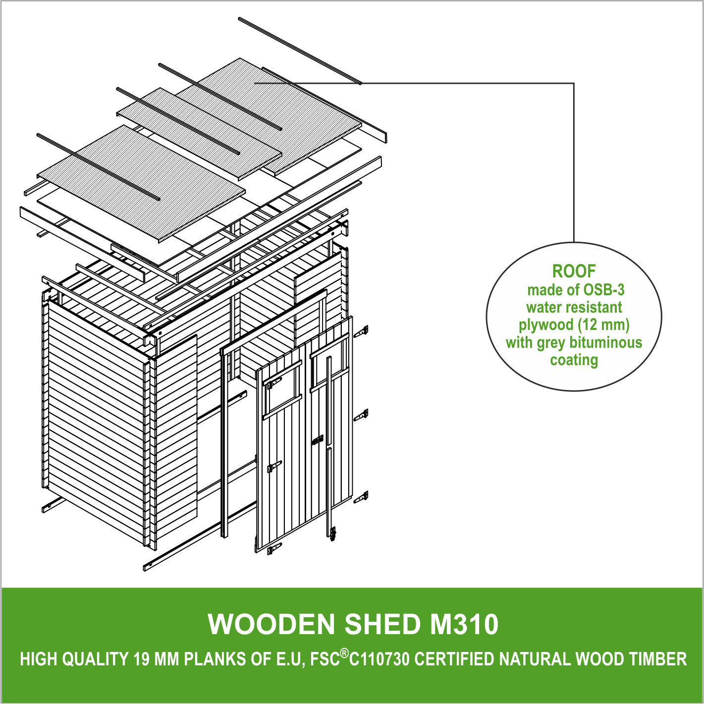 Timbela - Abri de jardin en bois l239xL142xH200cm/2.63 m² - Stockage extérieur - Petit abri à outils, Local à vélos - 19 mm d’épaisseur - Timbela M310 - Image 8