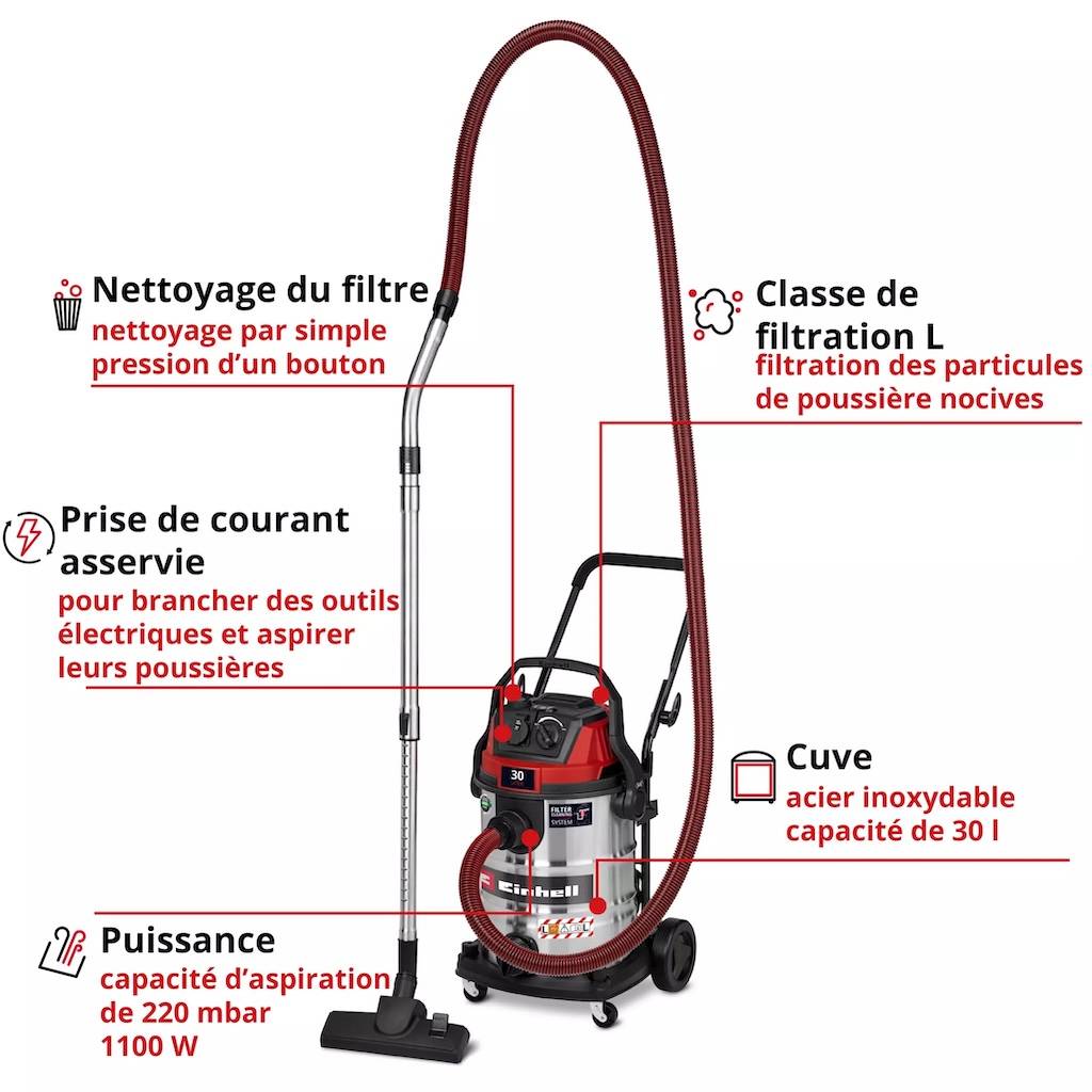 Einhell - Aspirateur eau et poussières – TC-VC 3080 SACL – 1150 W – Cuve inox 30 L – Filtre HEPA – Classe L Einhell - Image 3