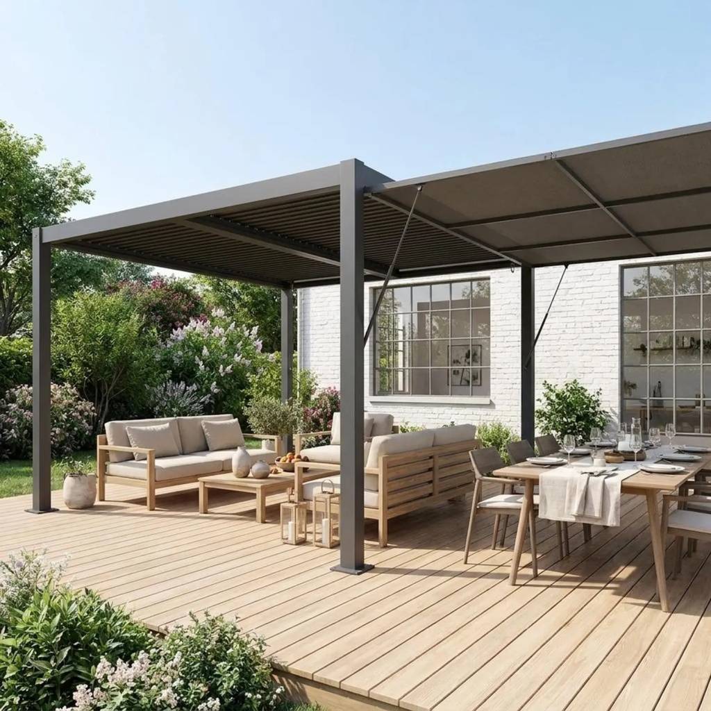 sweeek - Pergola bioclimatique aluminium et acier 4x3m + auvent 4m anthracite Palace | sweeek - Image 1