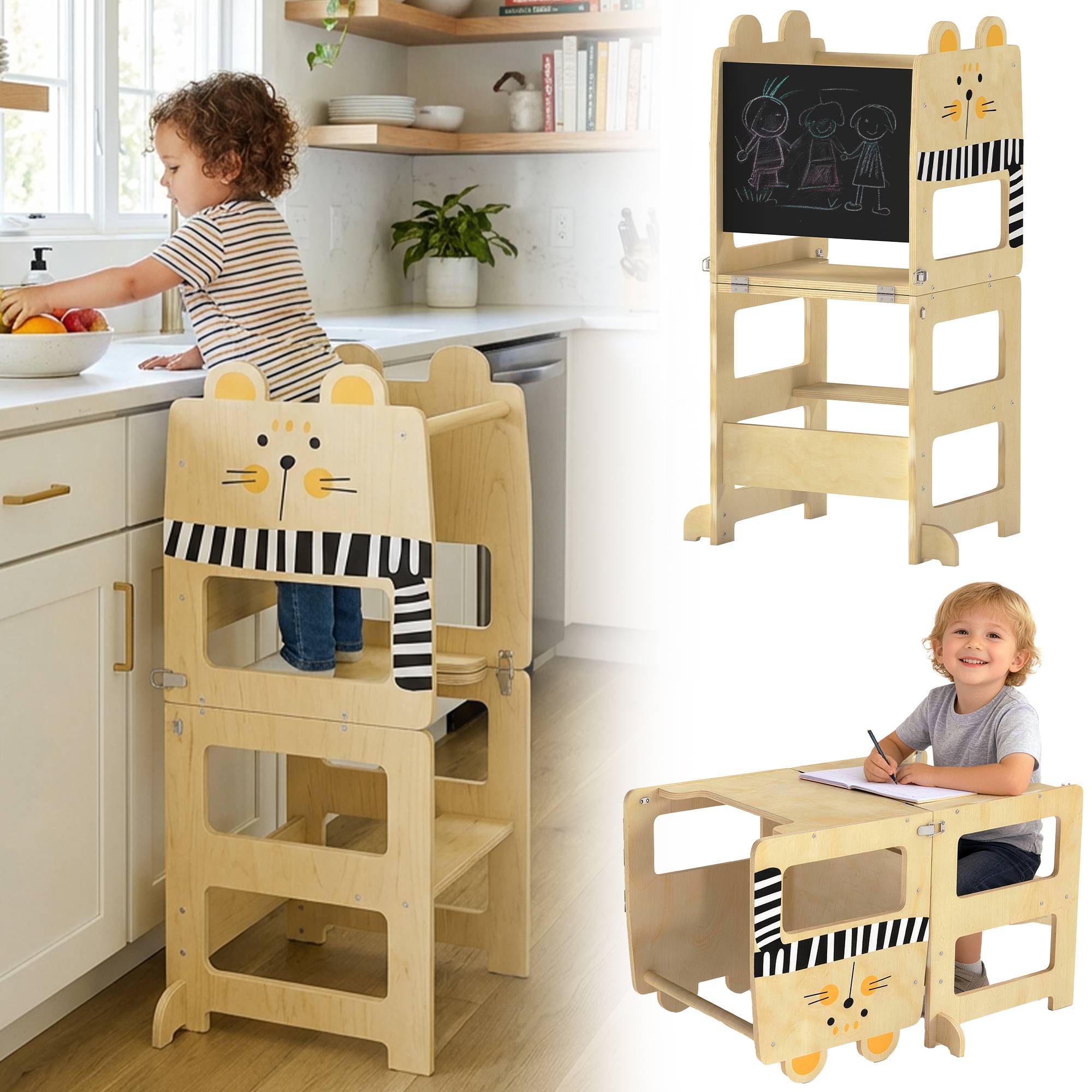 Tour d'apprentissage pliable 3 en 1 transformable en bureau et chaise, avec tableau noir et motif chat naturel - Image 1