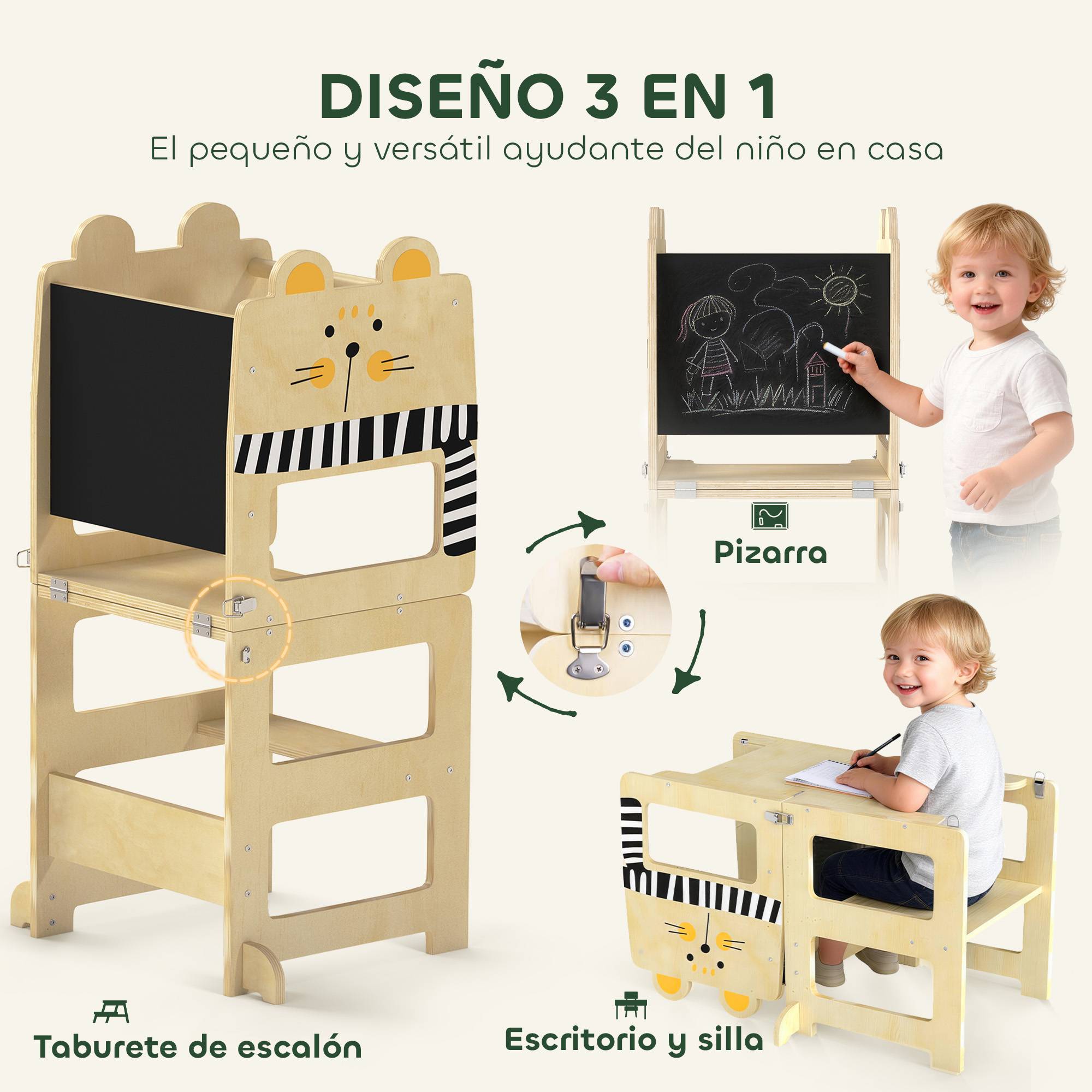 Tour d'apprentissage pliable 3 en 1 transformable en bureau et chaise, avec tableau noir et motif chat naturel - Image 6