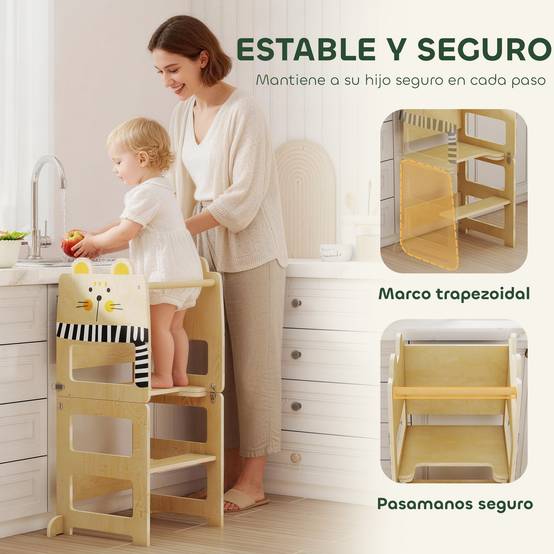 Tour d'apprentissage pliable 3 en 1 transformable en bureau et chaise, avec tableau noir et motif chat naturel - Image 7