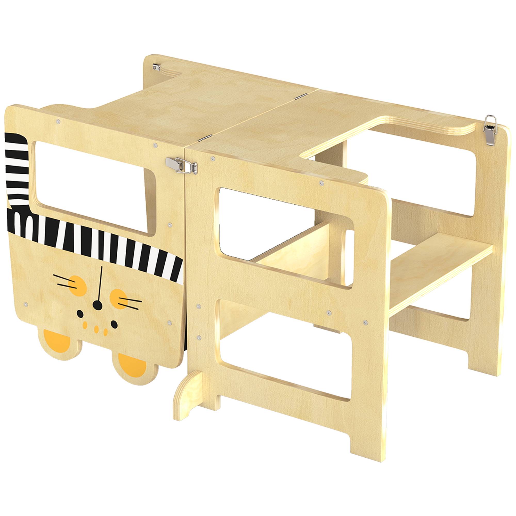 Tour d'apprentissage pliable 3 en 1 transformable en bureau et chaise, avec tableau noir et motif chat naturel - Image 2