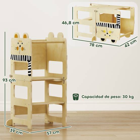 Tour d'apprentissage pliable 3 en 1 transformable en bureau et chaise, avec tableau noir et motif chat naturel - Image 5