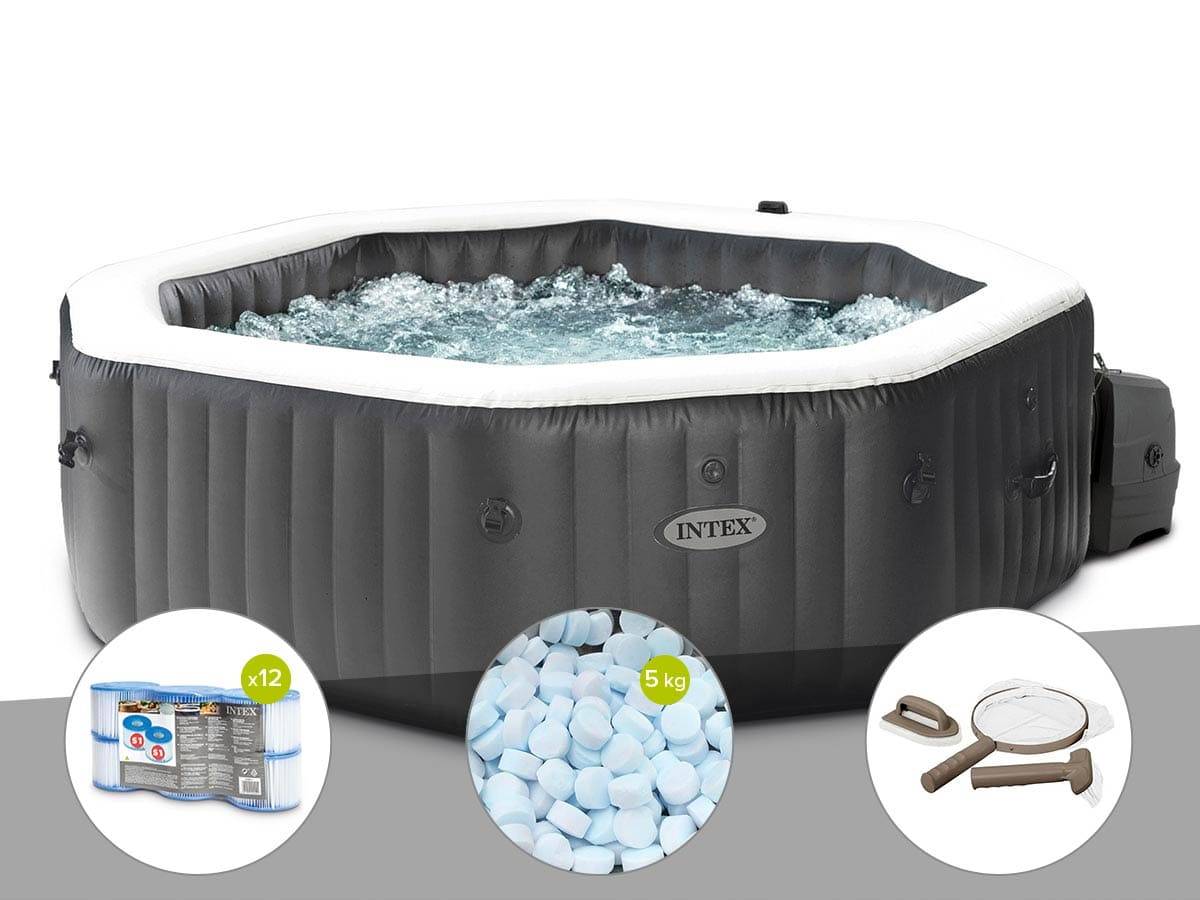 Kit spa gonflable Intex PureSpa Carbone octogonal Bulles et Jets 4 places + 12 filtres + 5 kg de sel + Kit d'entretien - Image 1