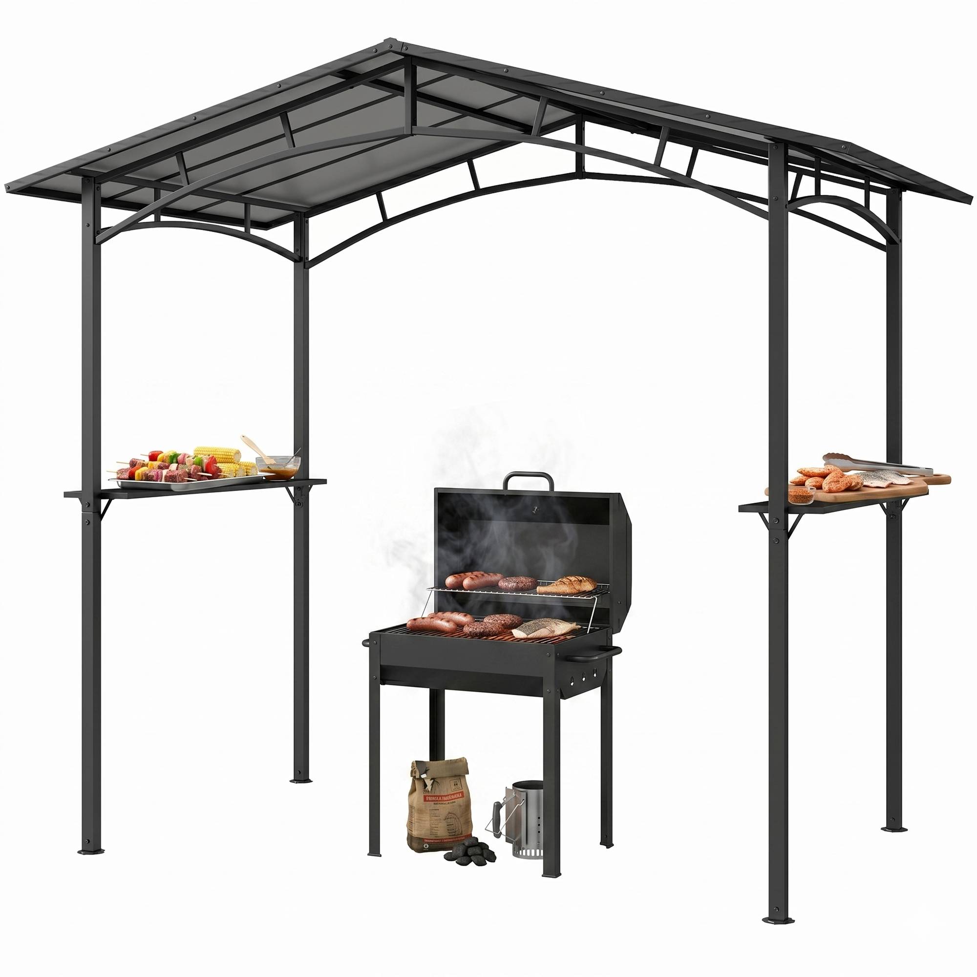 Sans Marque - Pavillon jardin 2,5 x 1,5 m - abri barbecue - 2 étagères - toit de barbecue - métal noir toit polycarbonate - Image 2