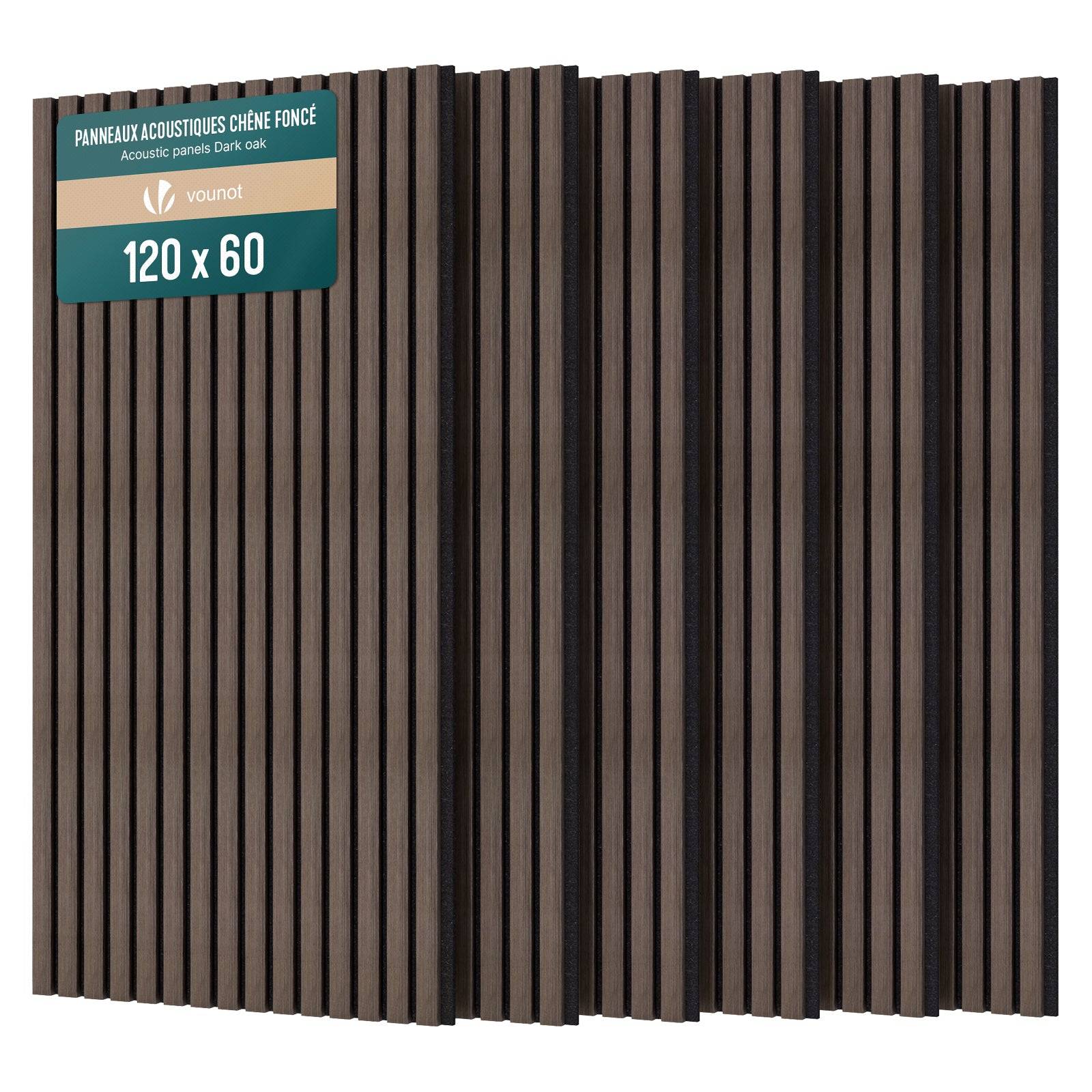 Vounot - Lot de 6 panneaux acoustiques muraux Tasseaux en bois MDF avec feutre noir 120x60x2.1cm chêne foncé - Image 1