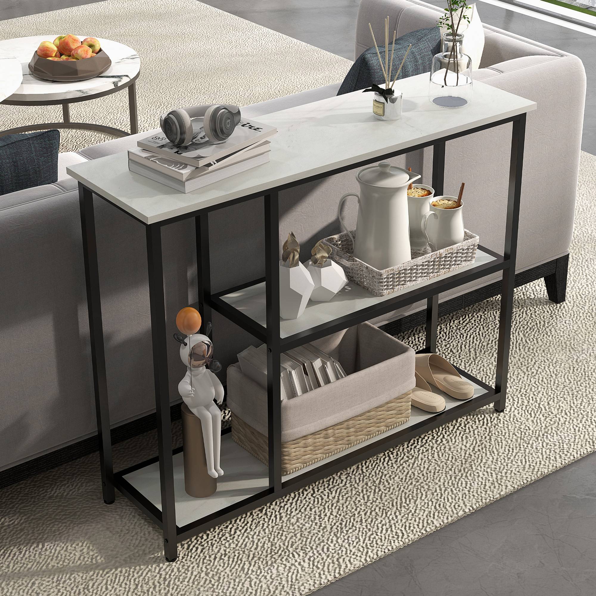 Console meuble 100 cm, table console 3 niveaux, plateaux en effet marbre, cadre en acier, blanc - Image 4
