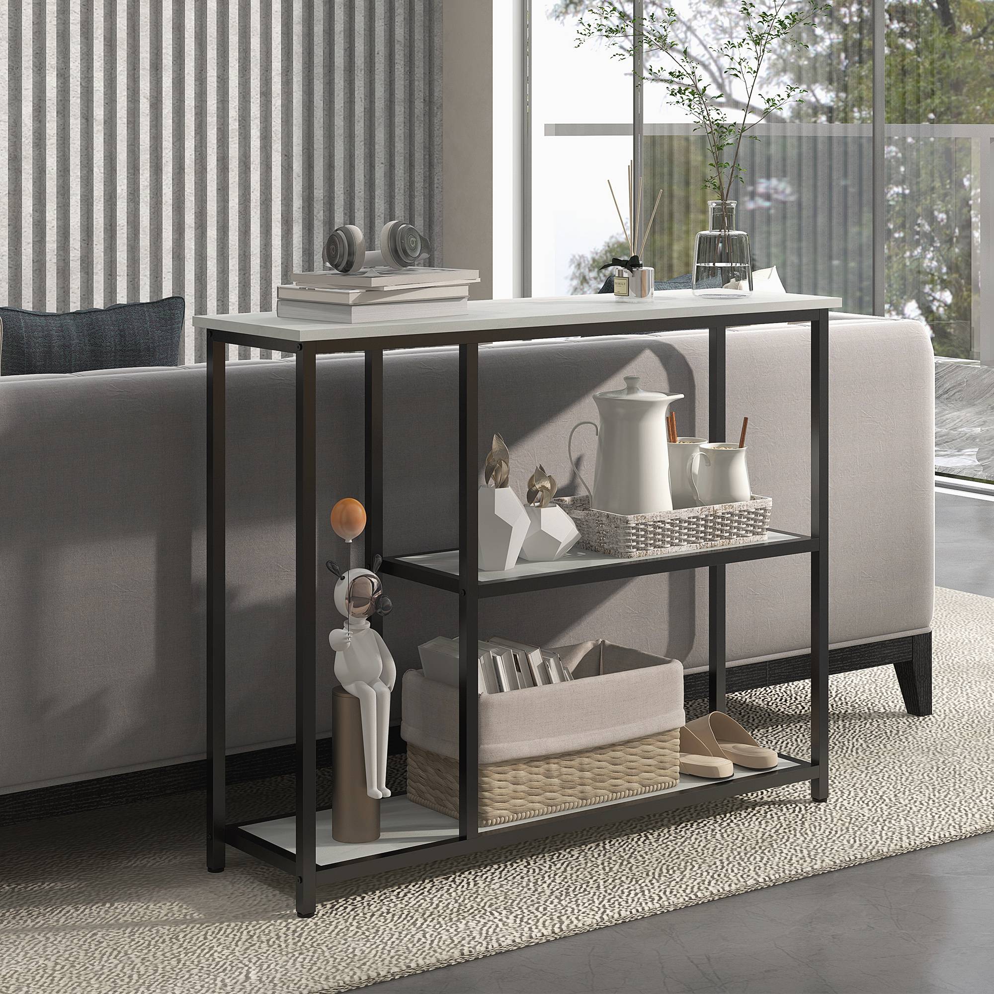 Console meuble 100 cm, table console 3 niveaux, plateaux en effet marbre, cadre en acier, blanc - Image 9