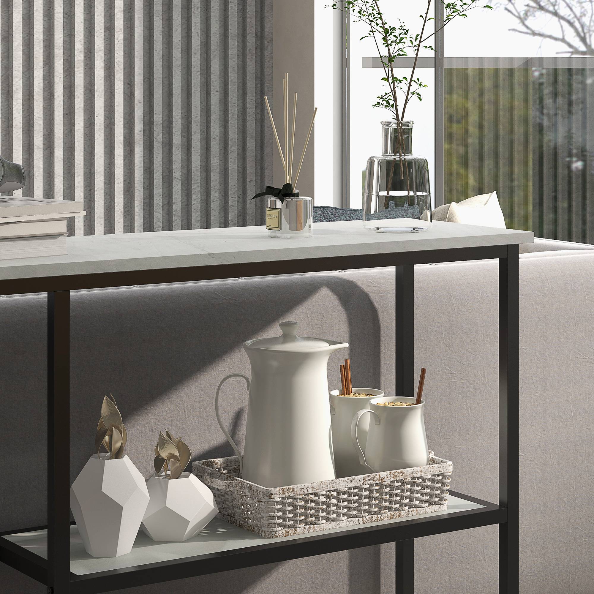 Console meuble 100 cm, table console 3 niveaux, plateaux en effet marbre, cadre en acier, blanc - Image 10
