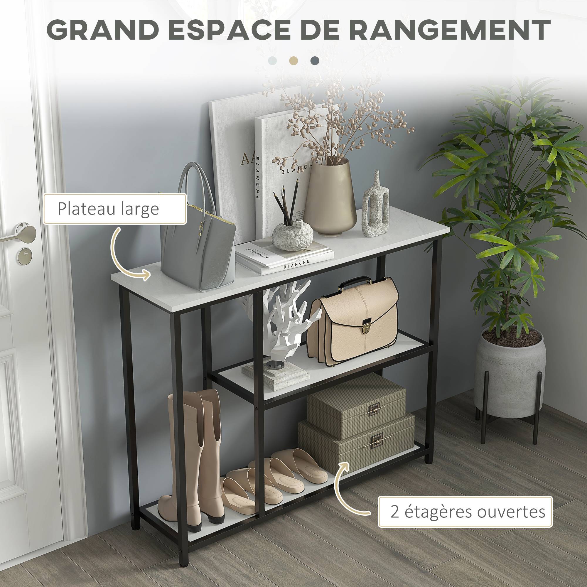 Console meuble 100 cm, table console 3 niveaux, plateaux en effet marbre, cadre en acier, blanc - Image 6