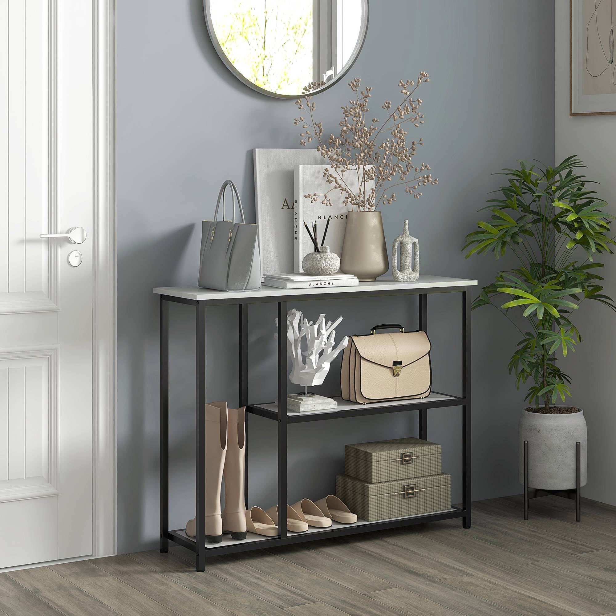 Console meuble 100 cm, table console 3 niveaux, plateaux en effet marbre, cadre en acier, blanc - Image 3