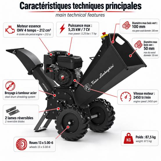 Broyeur de Végétaux Thermique 7CV 212 cm³ Coupe Ø100 mm max Démarrage Manuel Tonino Lamborghini - Image 2