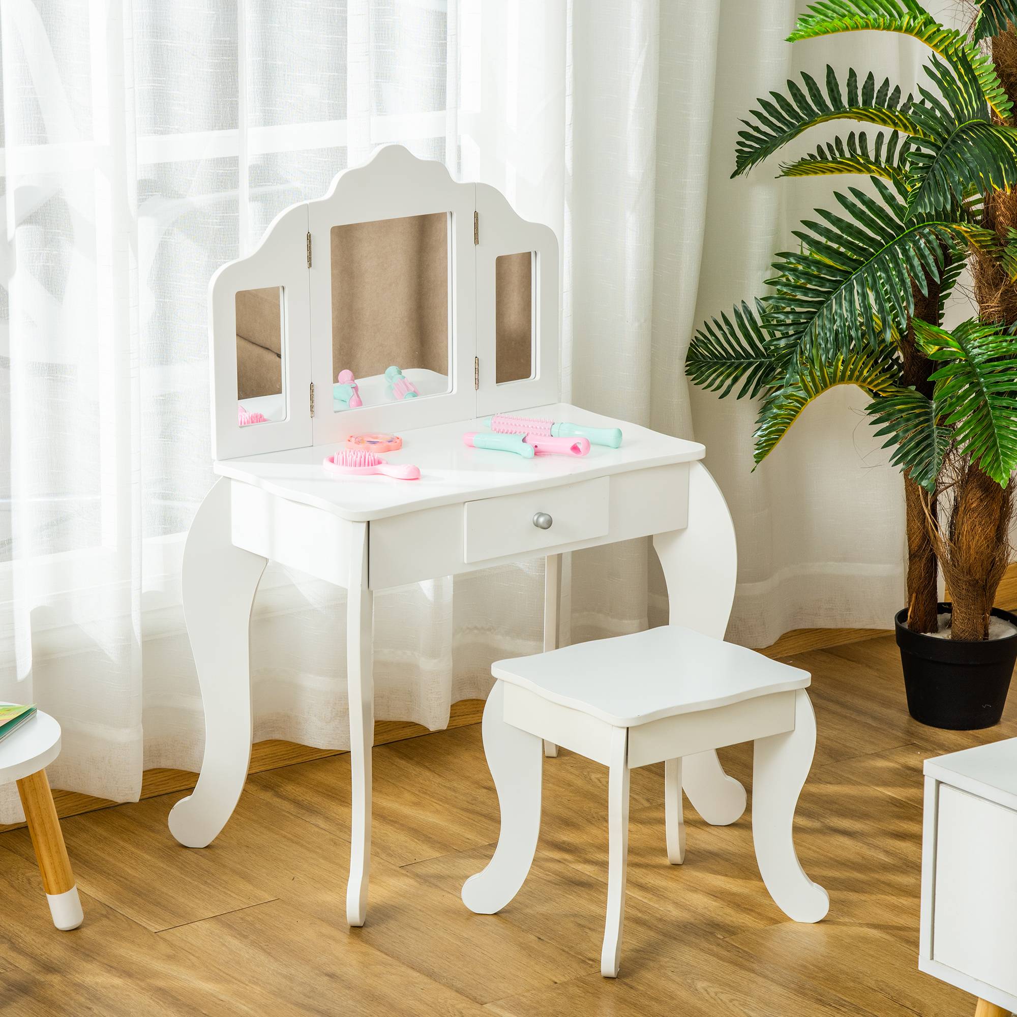 Sans Marque - Coiffeuse Enfant avec Tabouret, Coiffeuse Bureau 2 en 1 Miroir triptyque et tiroir Coulissant Blanc Acrylique - Image 3