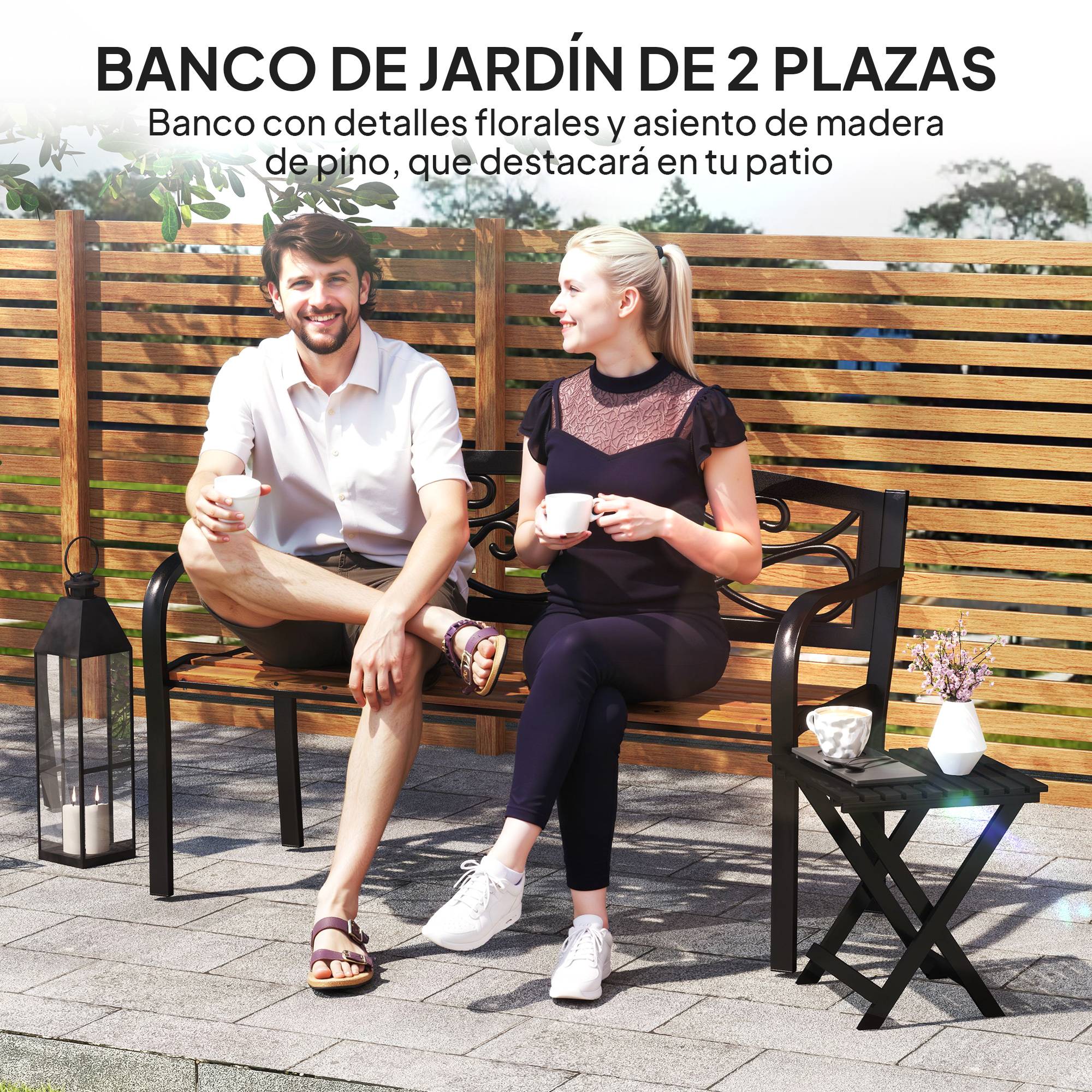 Banc de jardin 2 places avec dossier en fer forgé et accoudoirs incurvés, design élégant, 127 x 56 x 80 cm, noir et bois - Image 6