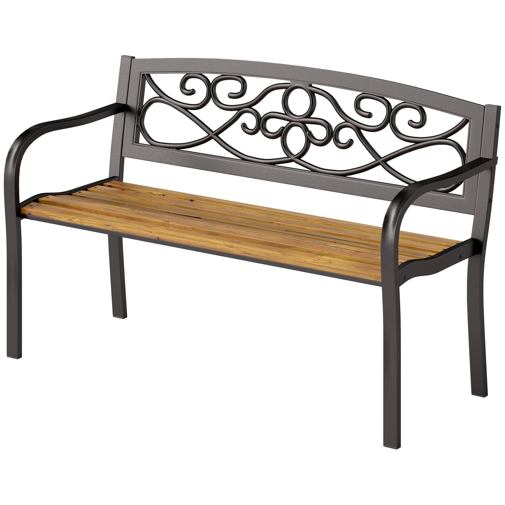 Banc de jardin 2 places avec dossier en fer forgé et accoudoirs incurvés, design élégant, 127 x 56 x 80 cm, noir et bois - Image 2