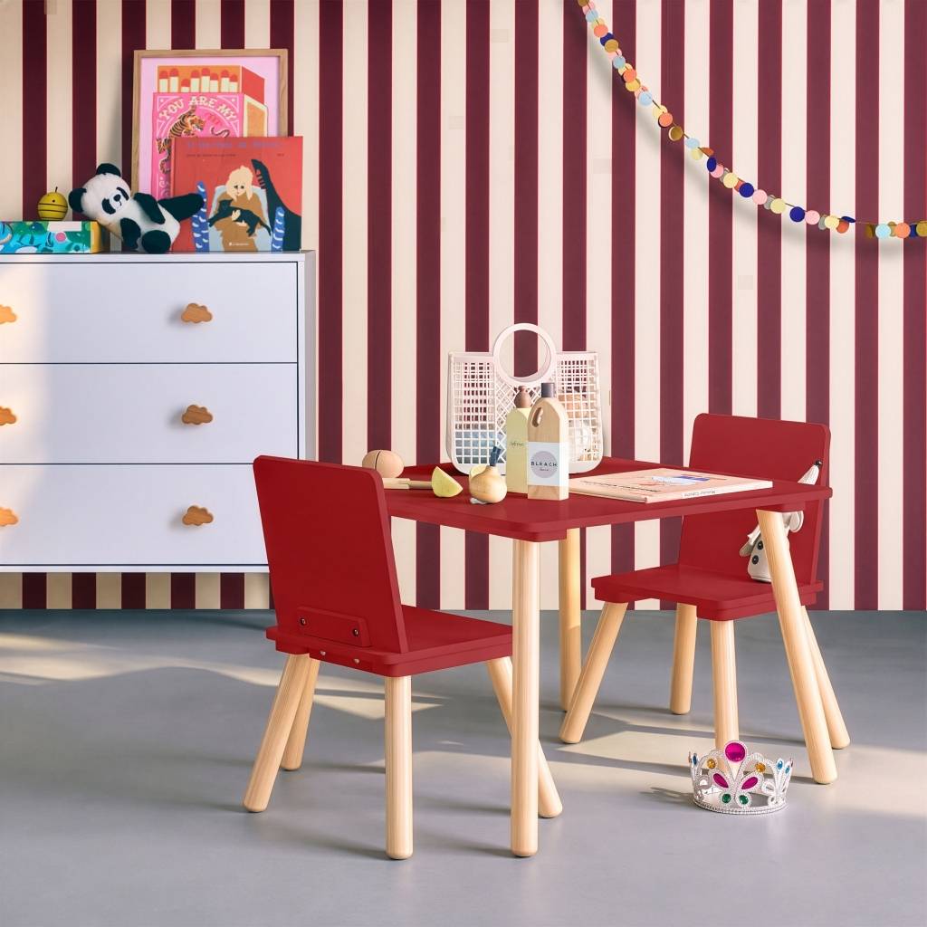 sweeek - Table carrée enfant bois de pin 2 assises terracotta - Judith | sweeek - Image 1