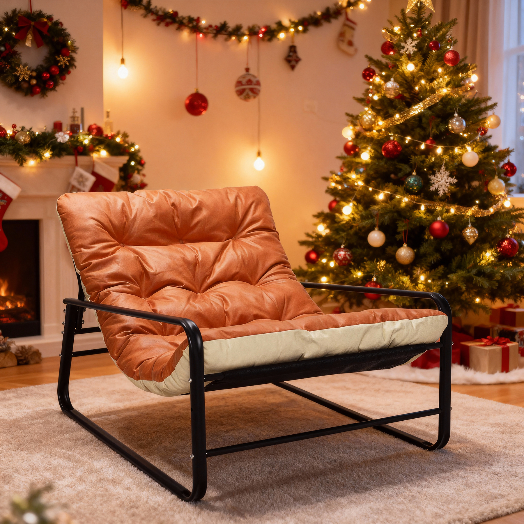 0 - Fauteuil inclinable moderne à 2 places avec structure en acier et coussin réversible(Orange+Beige)