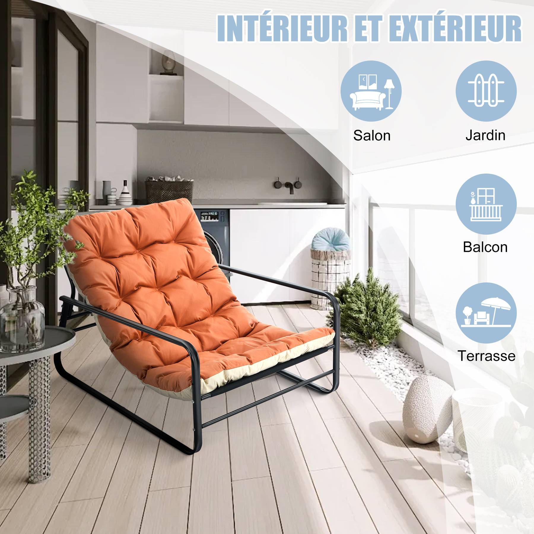 0 - Fauteuil inclinable moderne à 2 places avec structure en acier et coussin réversible(Orange+Beige) - Image 4
