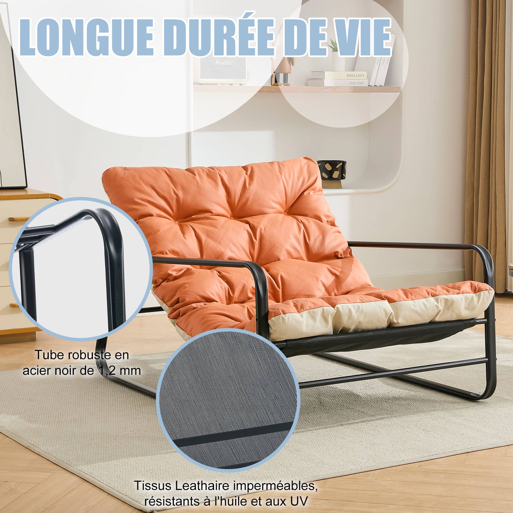 0 - Fauteuil inclinable moderne à 2 places avec structure en acier et coussin réversible(Orange+Beige) - Image 3