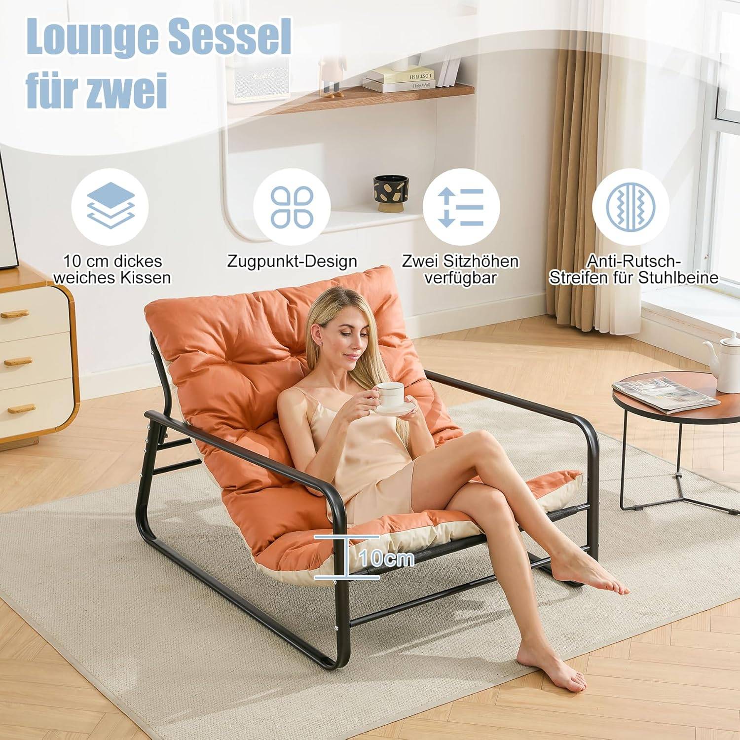 0 - Fauteuil inclinable moderne à 2 places avec structure en acier et coussin réversible(Orange+Beige) - Image 6