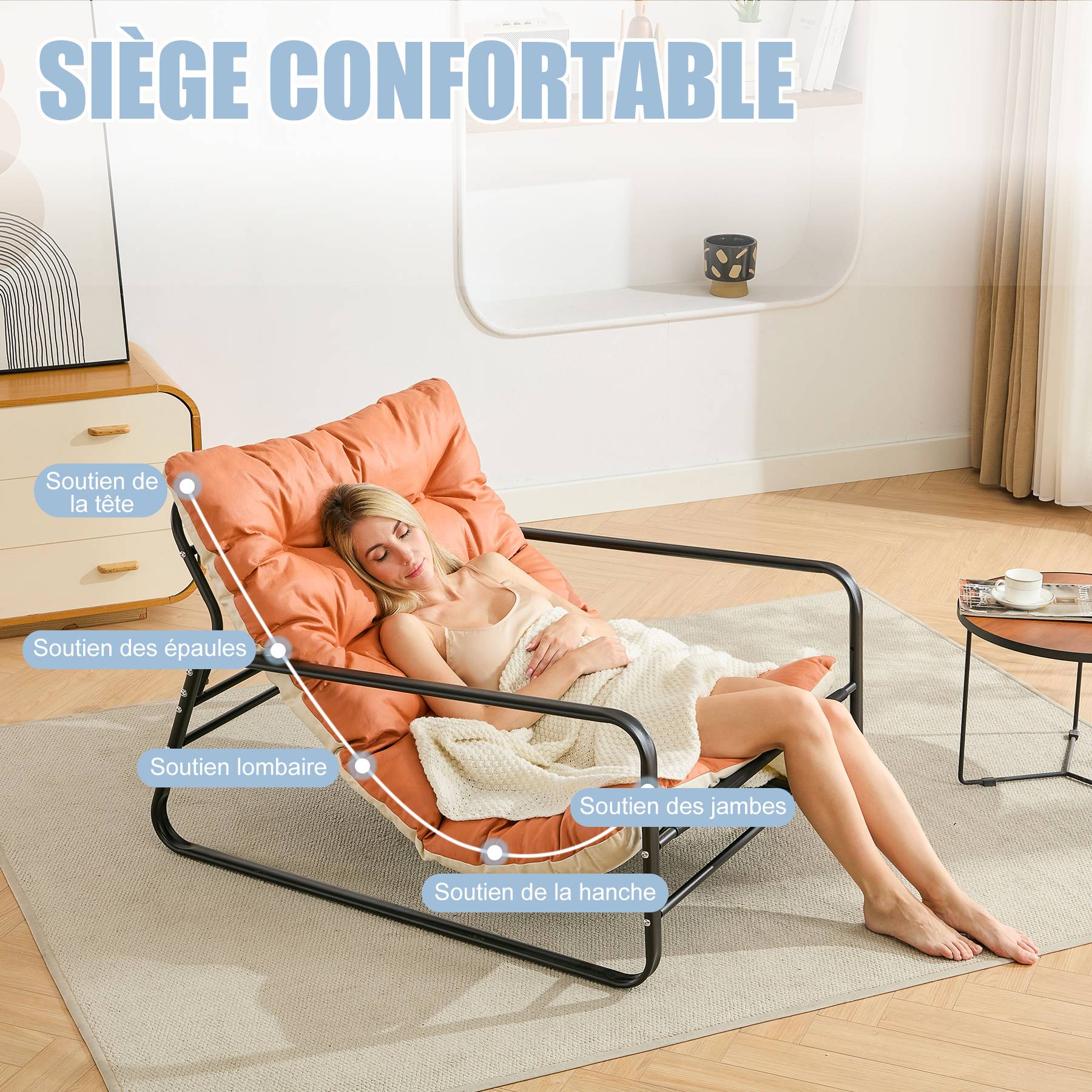 0 - Fauteuil inclinable moderne à 2 places avec structure en acier et coussin réversible(Orange+Beige) - Image 5