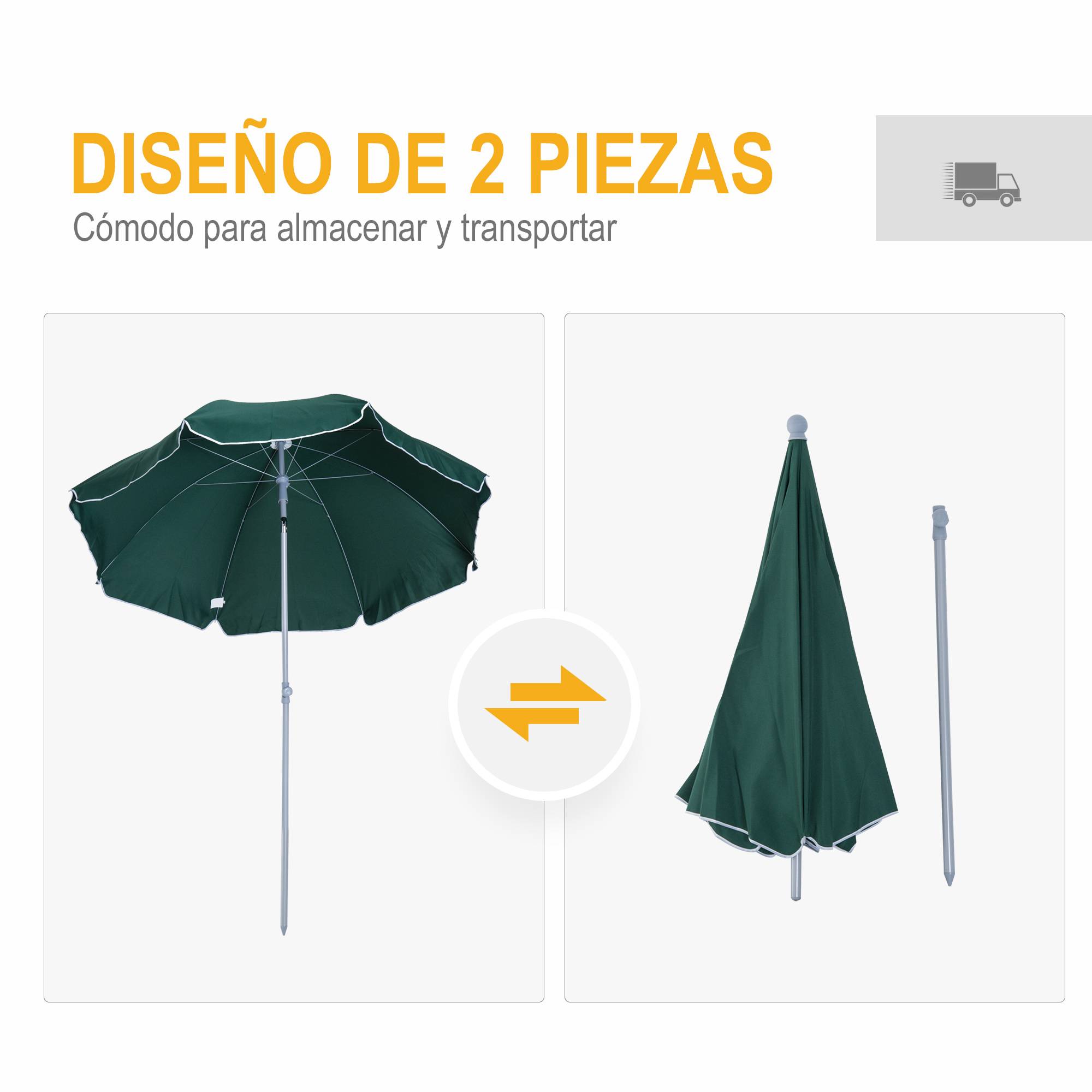 Parasol de plage Ø202 cm, toit inclinable, mat demontable, piquet inferieur, jardin, vert - Image 8