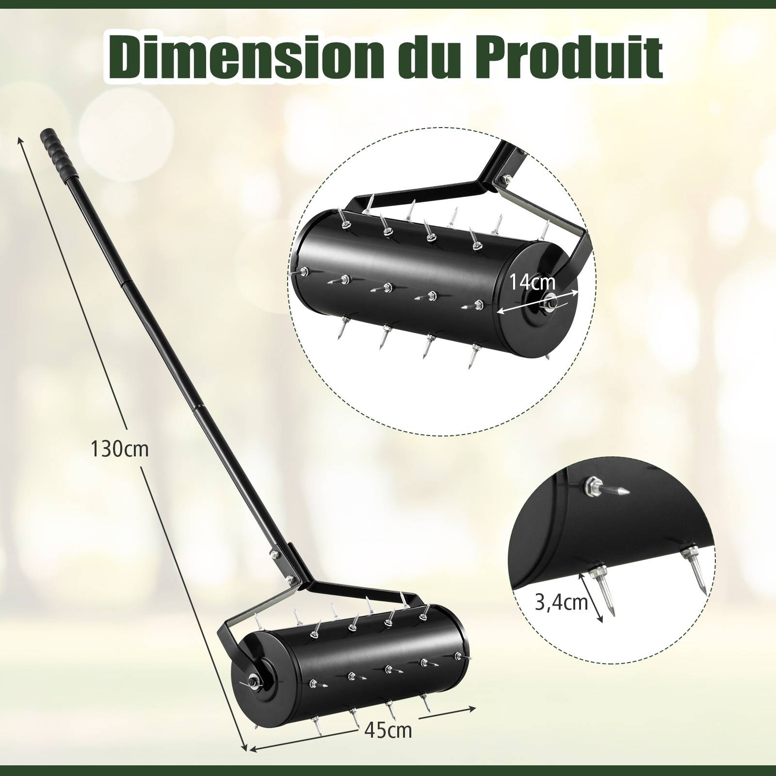 Aérateur de Pelouse Manuel de 44 cm, avec Poignée Amovible de 128 cm, Pointes de Dents pour Ameublir le sol, pour Jardin, Cour, Noir - Image 3