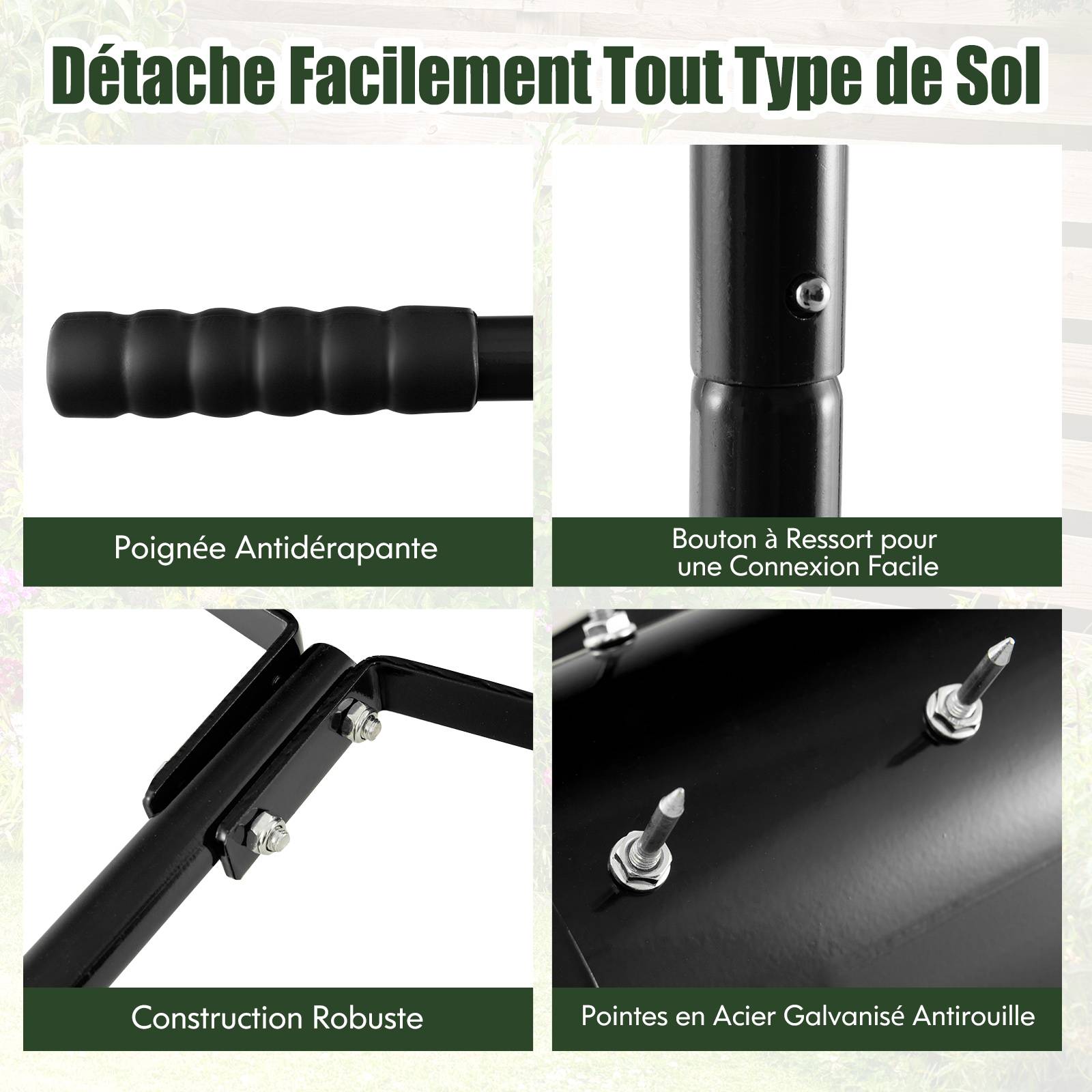 Aérateur de Pelouse Manuel de 44 cm, avec Poignée Amovible de 128 cm, Pointes de Dents pour Ameublir le sol, pour Jardin, Cour, Noir - Image 2