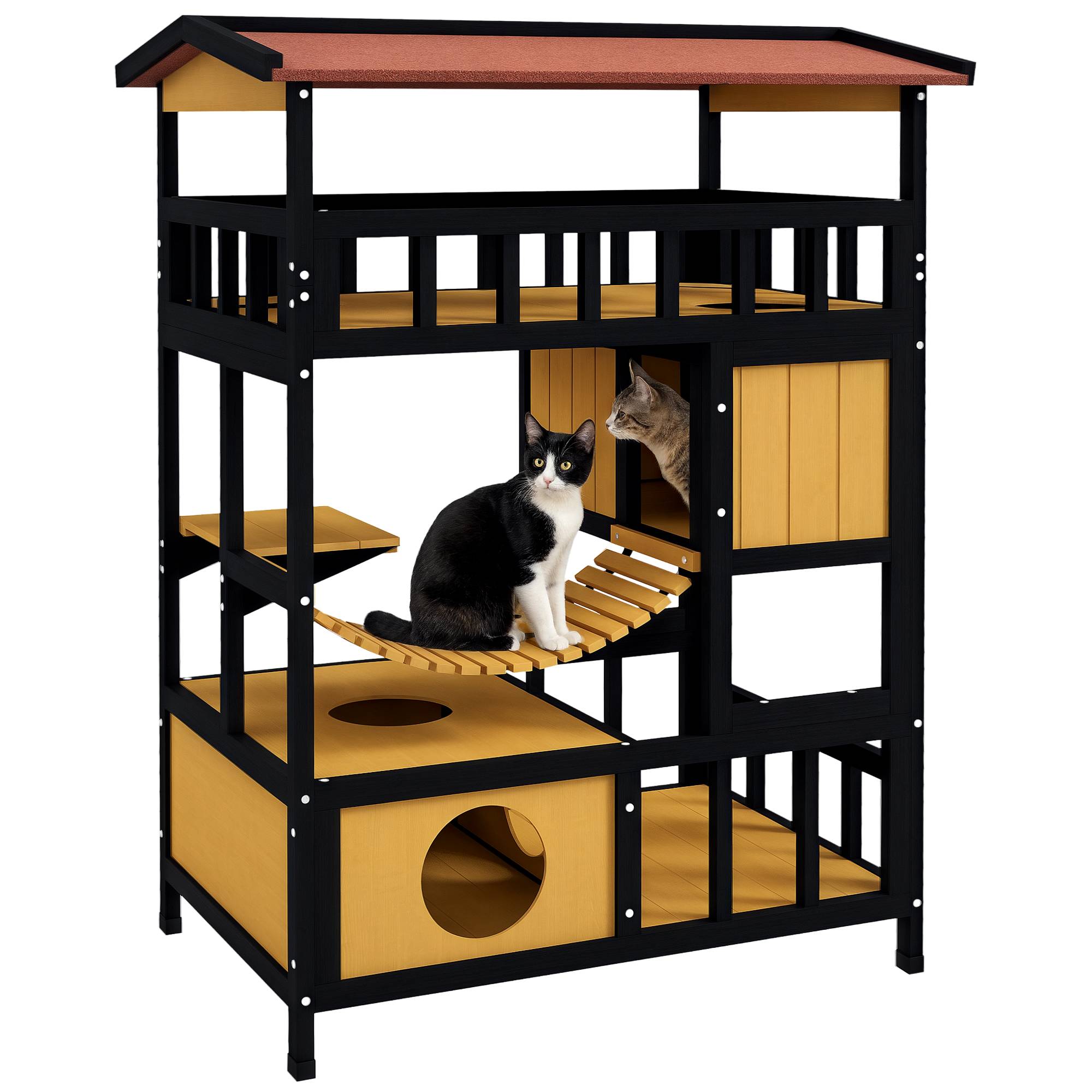 Grande Maison pour Chat 4 Niveaux en Bois Abri Extérieur avec Balcon et Pont Naturel - ComfortXL Outdoor Living - Image 1