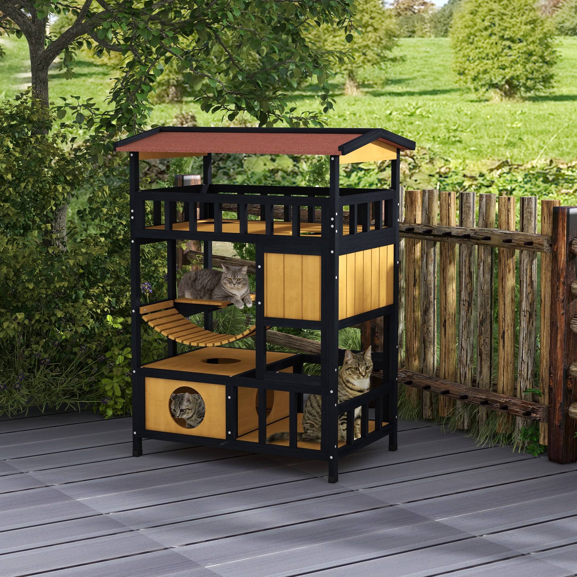 Grande Maison pour Chat 4 Niveaux en Bois Abri Extérieur avec Balcon et Pont Naturel - ComfortXL Outdoor Living - Image 4