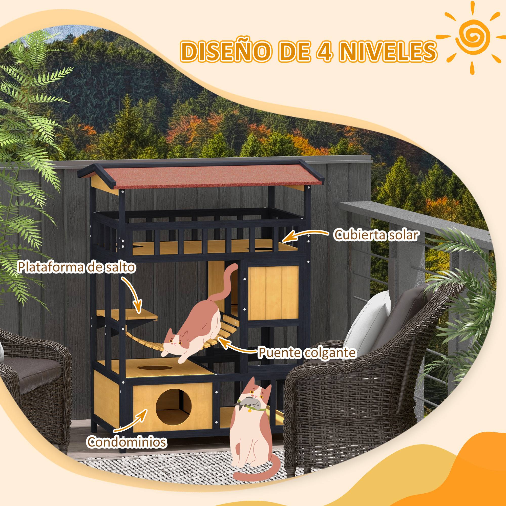 Grande Maison pour Chat 4 Niveaux en Bois Abri Extérieur avec Balcon et Pont Naturel - ComfortXL Outdoor Living - Image 6