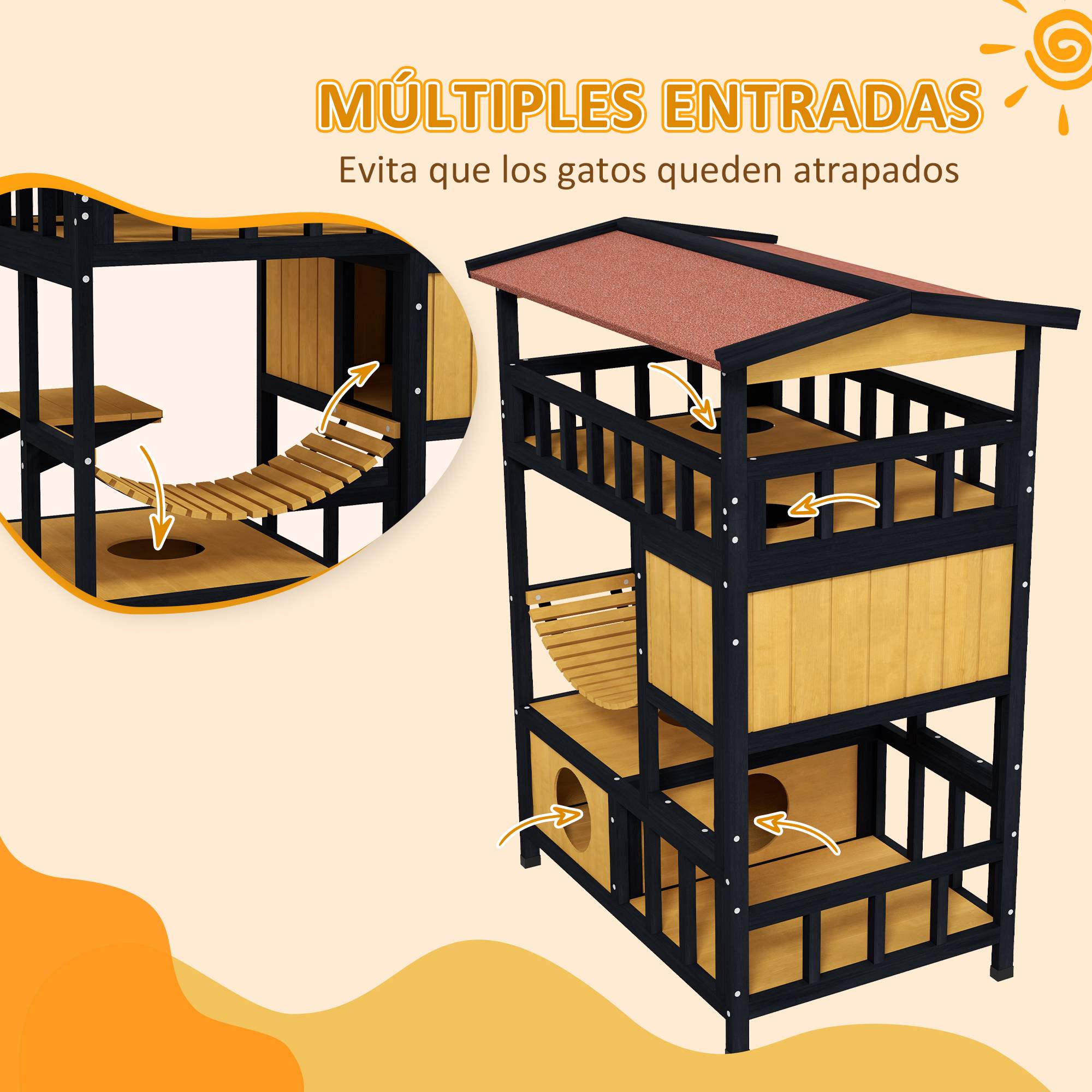 Grande Maison pour Chat 4 Niveaux en Bois Abri Extérieur avec Balcon et Pont Naturel - ComfortXL Outdoor Living - Image 8