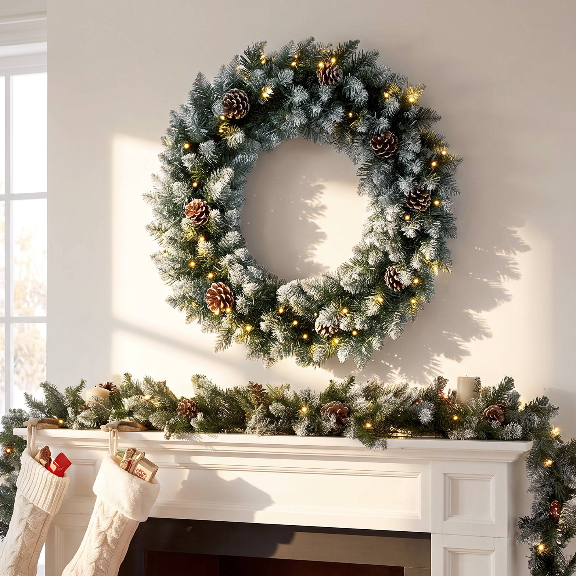 Couronne de Noël lumineuse 60cm pour porte, 50 LED, pommes de pin et fausse neige - Image 3