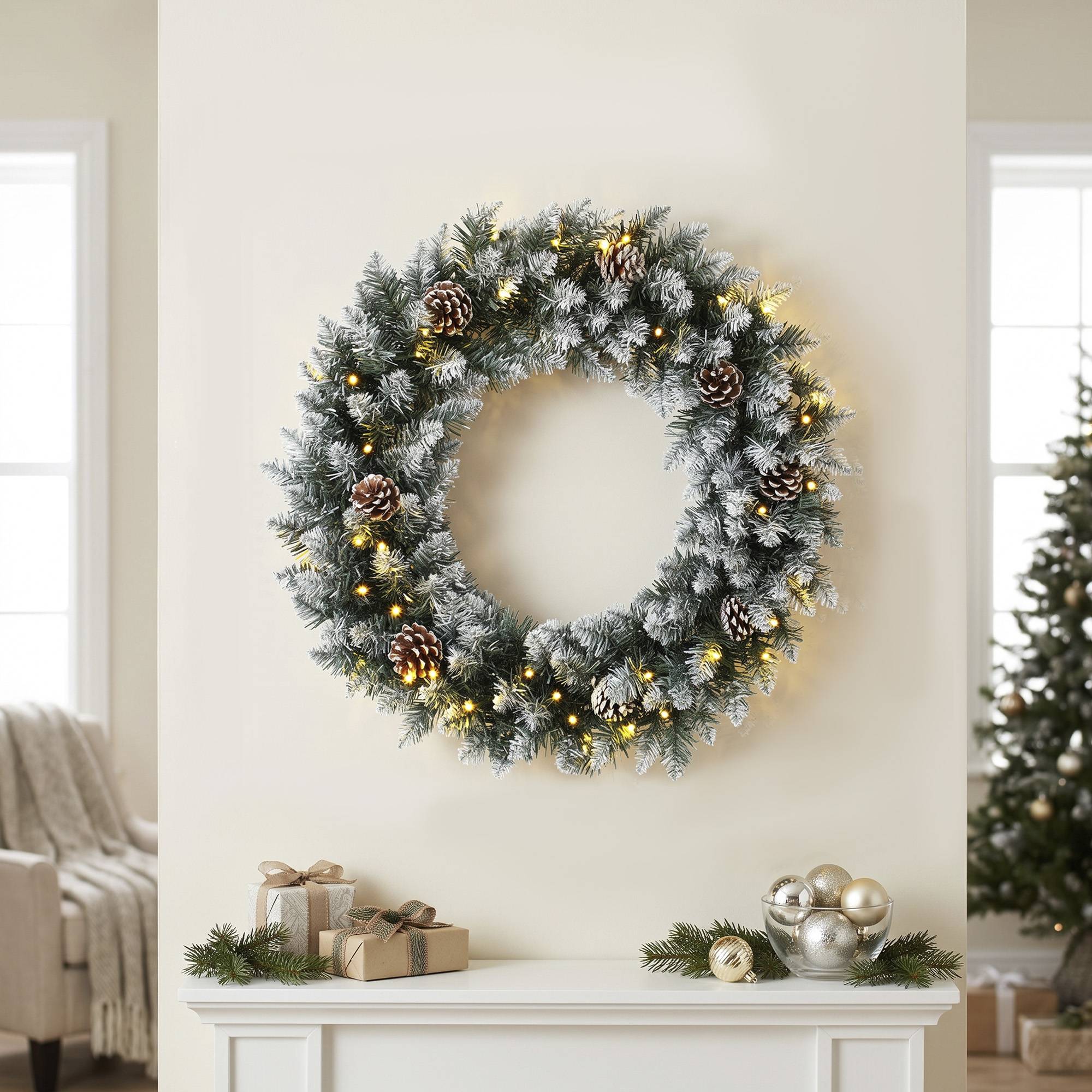 Couronne de Noël lumineuse 60cm pour porte, 50 LED, pommes de pin et fausse neige - Image 4