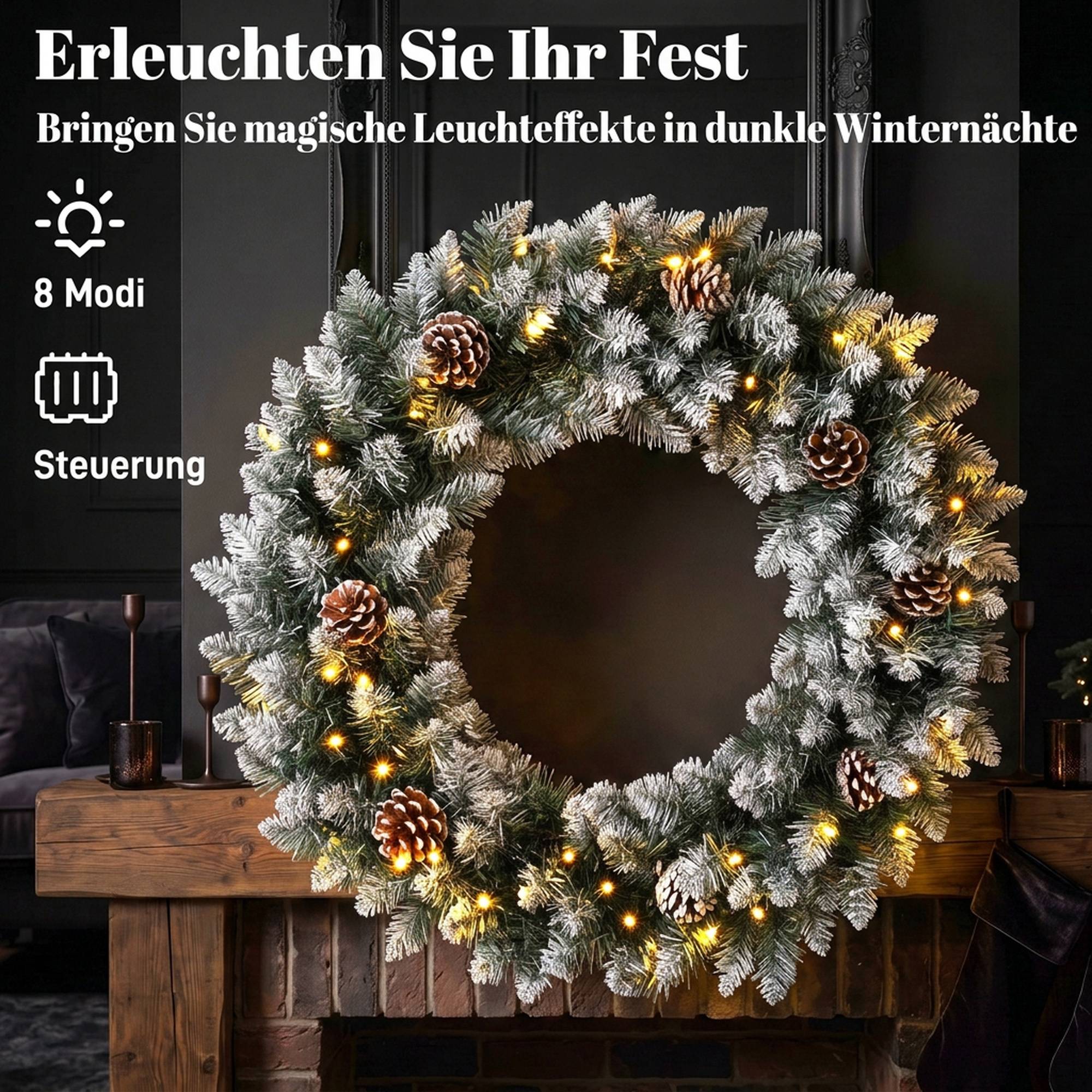 Couronne de Noël lumineuse 60cm pour porte, 50 LED, pommes de pin et fausse neige - Image 7