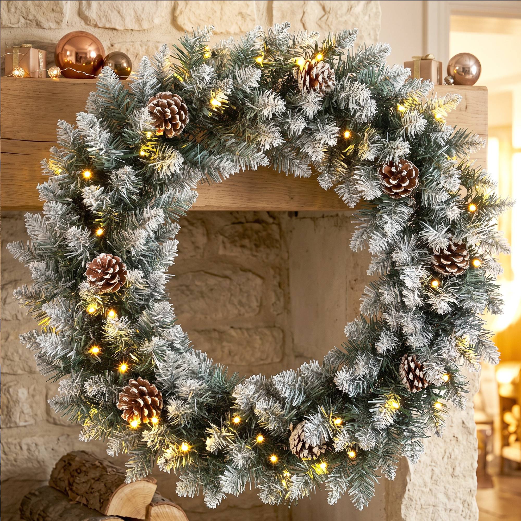 Couronne de Noël lumineuse 60cm pour porte, 50 LED, pommes de pin et fausse neige - Image 10