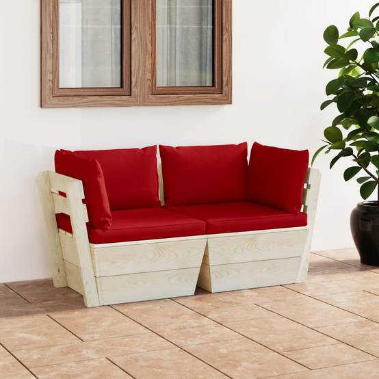 ComfortXL - Salon de Jardin Palette en Bois 2 Places pour Terrasse, Canapé avec Coussins Rouges Confortables – ComfortXL Outdoor Living - Image 1
