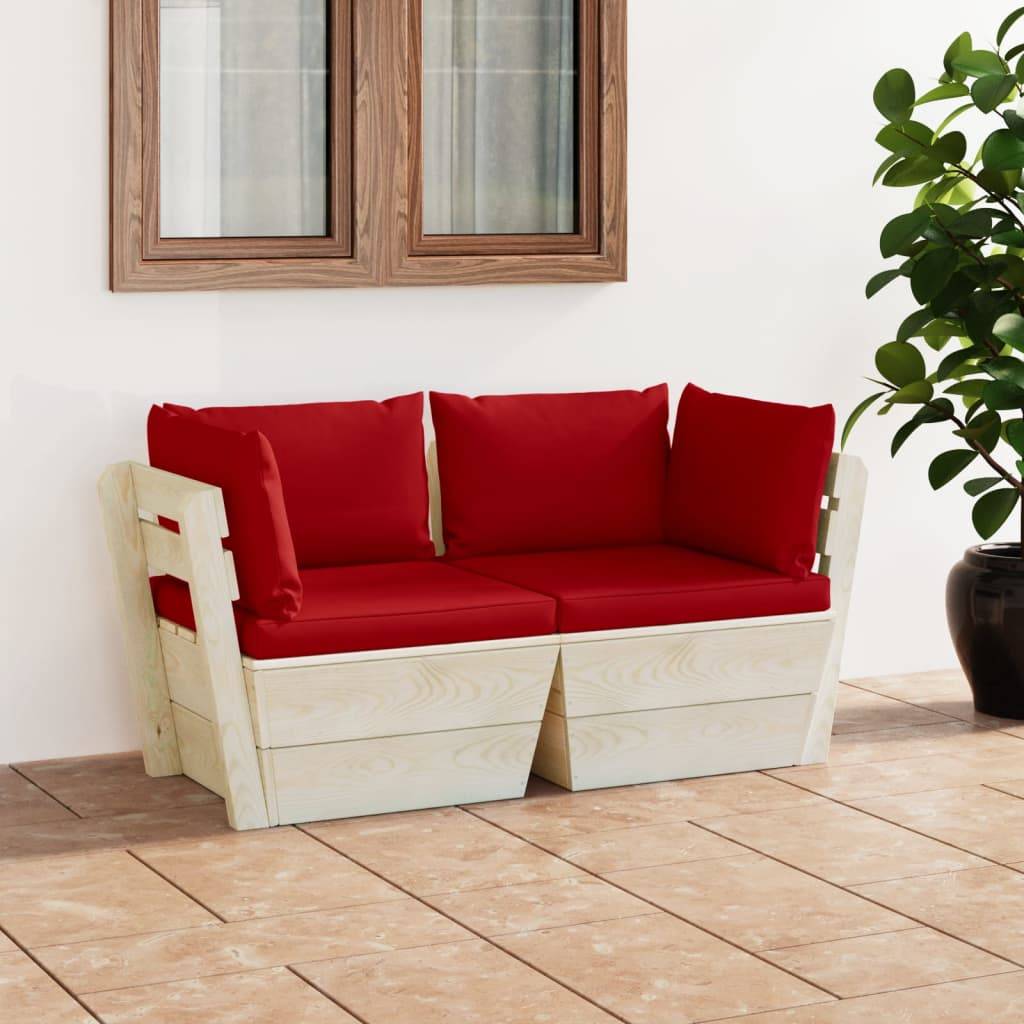 ComfortXL - Salon de Jardin Palette en Bois 2 Places pour Terrasse, Canapé avec Coussins Rouges Confortables – ComfortXL Outdoor Living - Image 1