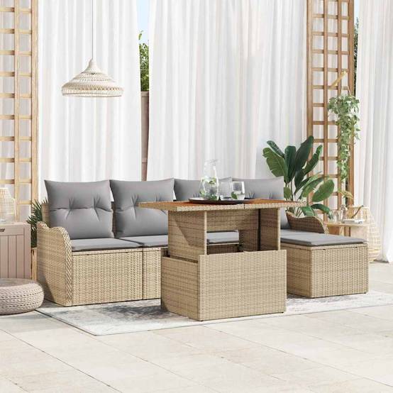 Salon de jardin 6 places Poly rotin modulable avec rangement et pouf Beige – ComfortXL Outdoor Living - Image 1