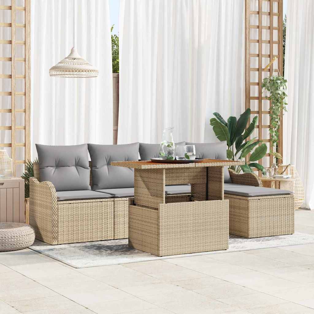 Salon de jardin 6 places Poly rotin modulable avec rangement et pouf Beige – ComfortXL Outdoor Living - Image 1
