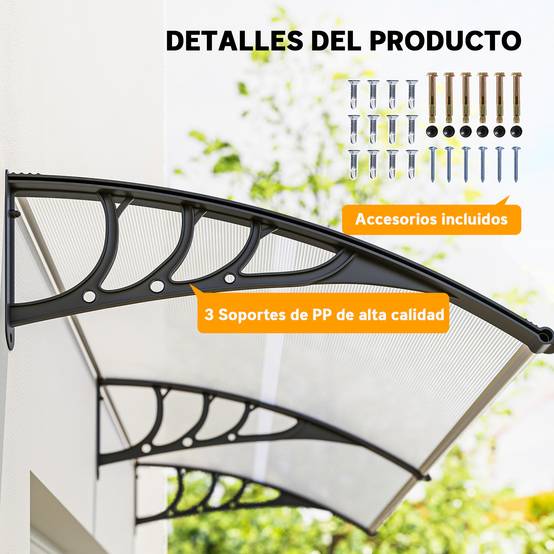 Auvent de protection extérieur 195x75 cm avec panneaux en polycarbonate et barres en aluminium transparent - Image 7