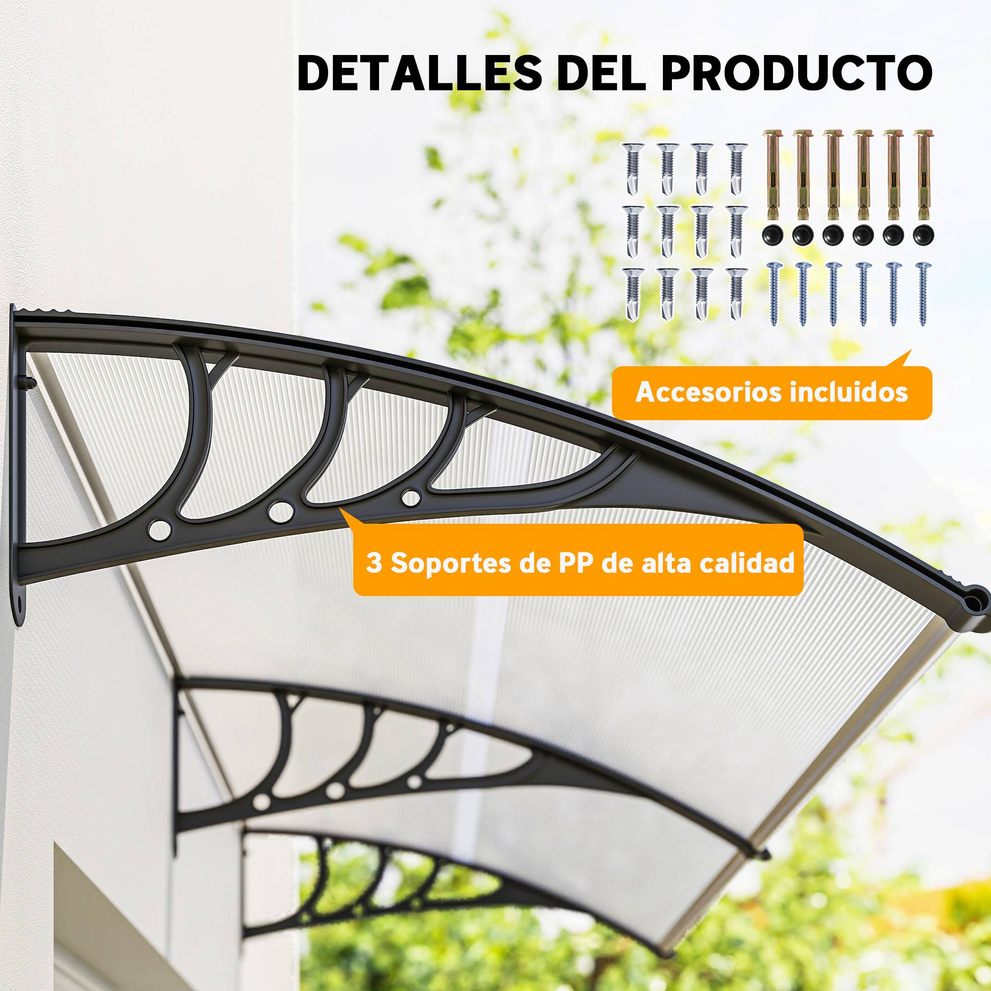 Auvent de protection extérieur 195x75 cm avec panneaux en polycarbonate et barres en aluminium transparent - Image 7