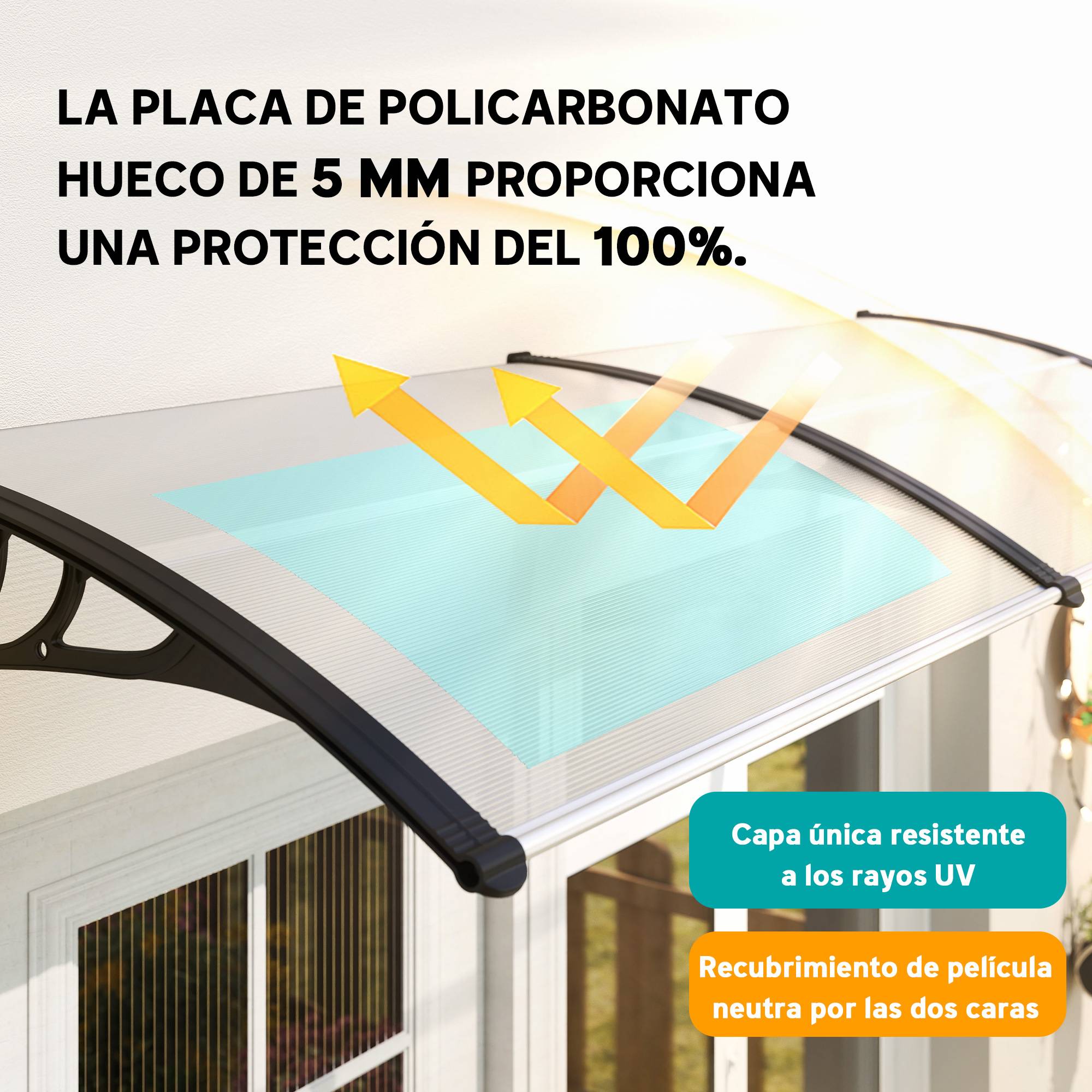 Auvent de protection extérieur 195x75 cm avec panneaux en polycarbonate et barres en aluminium transparent - Image 6