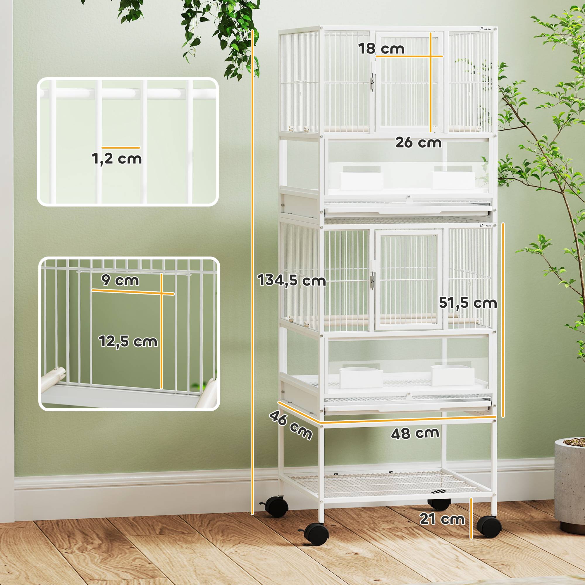 Volière Double 2 Niveaux Acrylique pour Canaris et Perruches sur Roulettes Étagère 134,5cm Blanc - ComfortXL Outdoor Living - Image 5