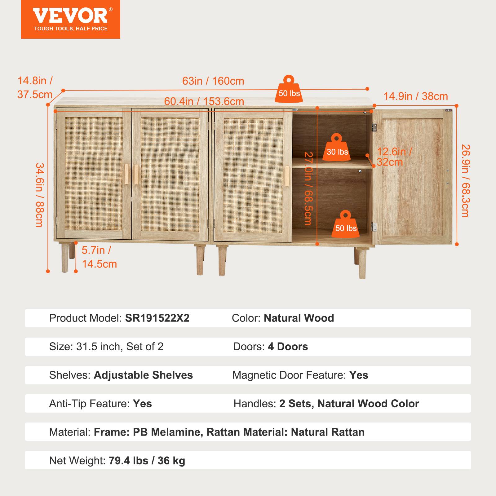 Vevor - VEVOR Armoire rotin, lot 2, 4 portes, étagères réglables, 160x37,5x88 cm. Naturel. - Image 7