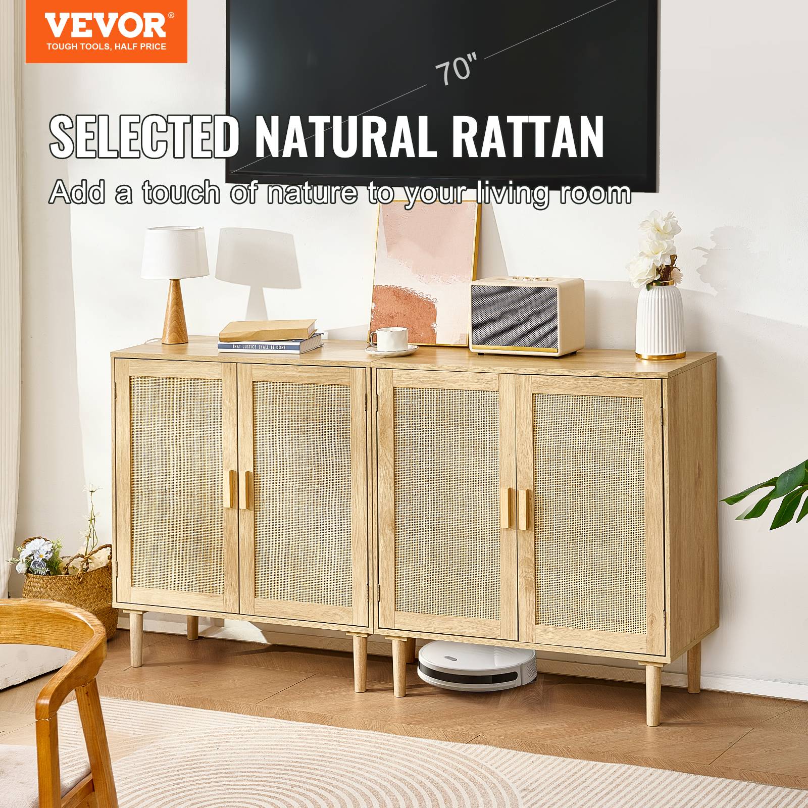 Vevor - VEVOR Armoire rotin, lot 2, 4 portes, étagères réglables, 160x37,5x88 cm. Naturel. - Image 2