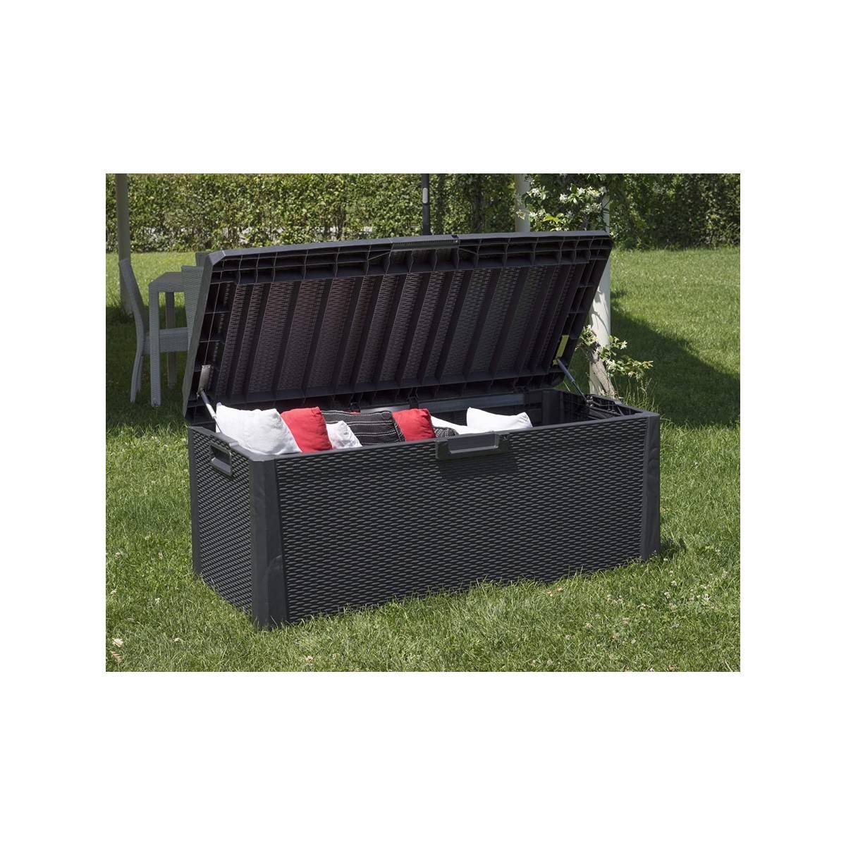 Coffre de jardin en résine 560 Litres Gris Anthracite Cousin inclus Effet rotin L147xP72xH65 cm TOOMAX - Image 5