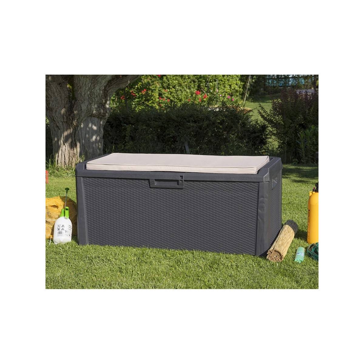 Coffre de jardin en résine 560 Litres Gris Anthracite Cousin inclus Effet rotin L147xP72xH65 cm TOOMAX - Image 4